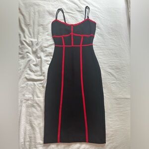 BCBGMaxazria Midi Dress, Black with red detail, Size Small